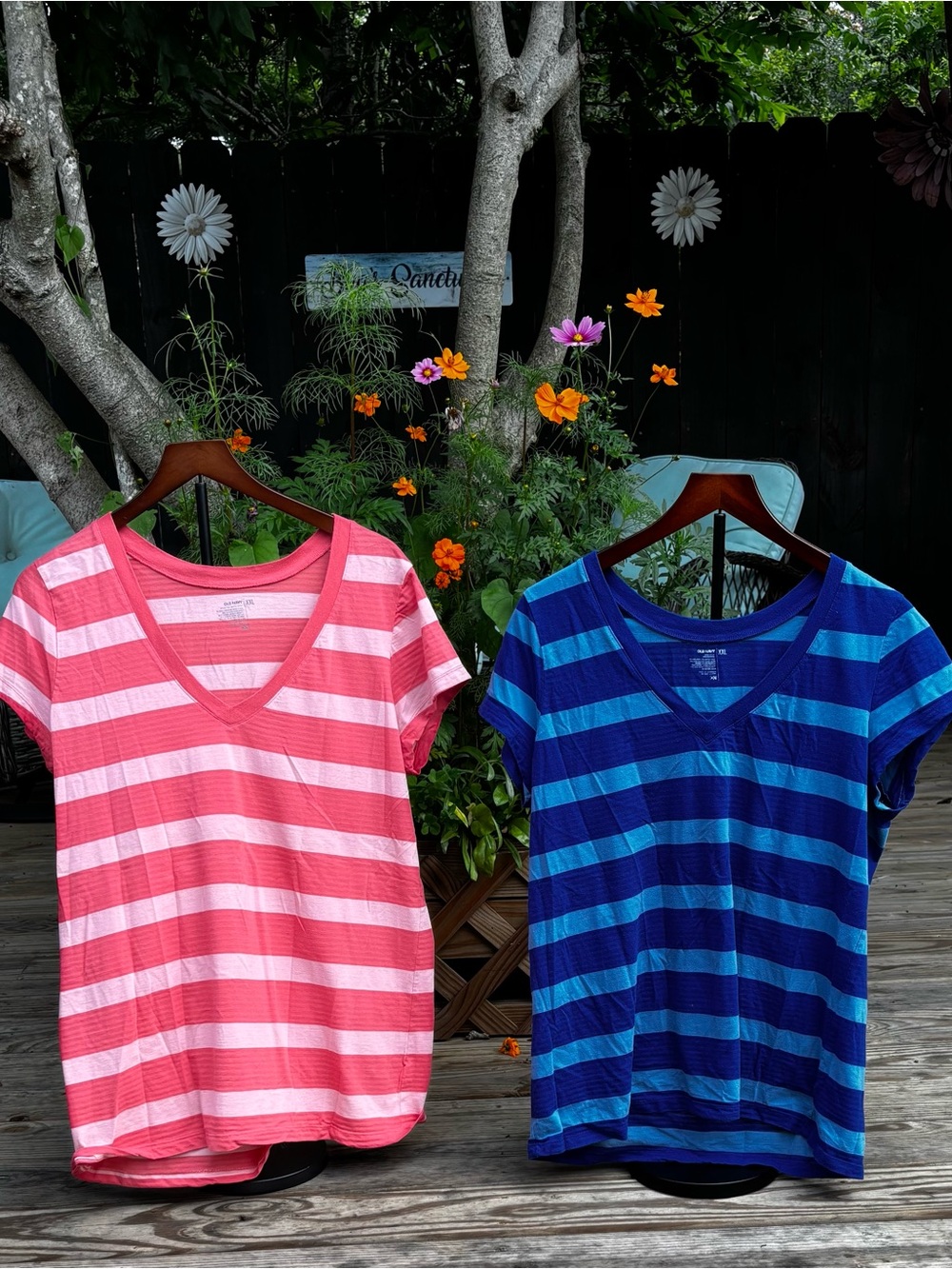 Old Navy Pink & Blue Striped V-Neck T-Shirts